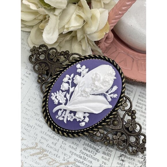 Lily Valley Purple Victorian Flower Cameo Wedding Pin Hair Clip Jewelry Comb - Picture 3 of 10